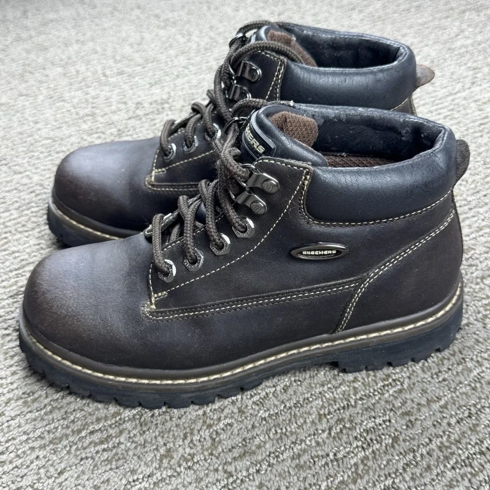 VTG Skechers Womens 7.5 Chunky Ankle Boot Lug Work Leather Brown Punk Y2K 90s